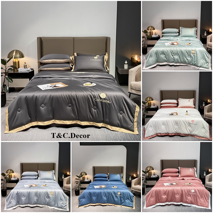 bộ chăn ga gối đệm 5 món phi lụa CHARMING sang xịn mềm mịn thoáng mát,miễn phí bo chun