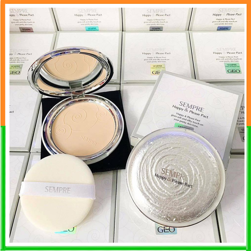 Phấn phủ Geo Sempre Happy & Please Pact nâng tone kiềm dầu che khuyết điểm chống nước chống nắng SPF 50 chống bết dính