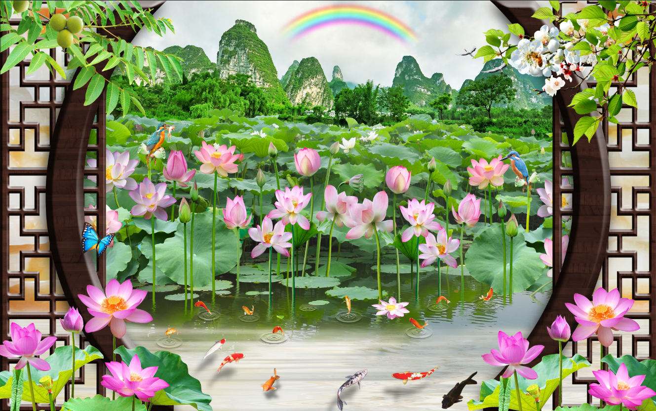 Tranh dán tường 3d phòng khách cửa sổ