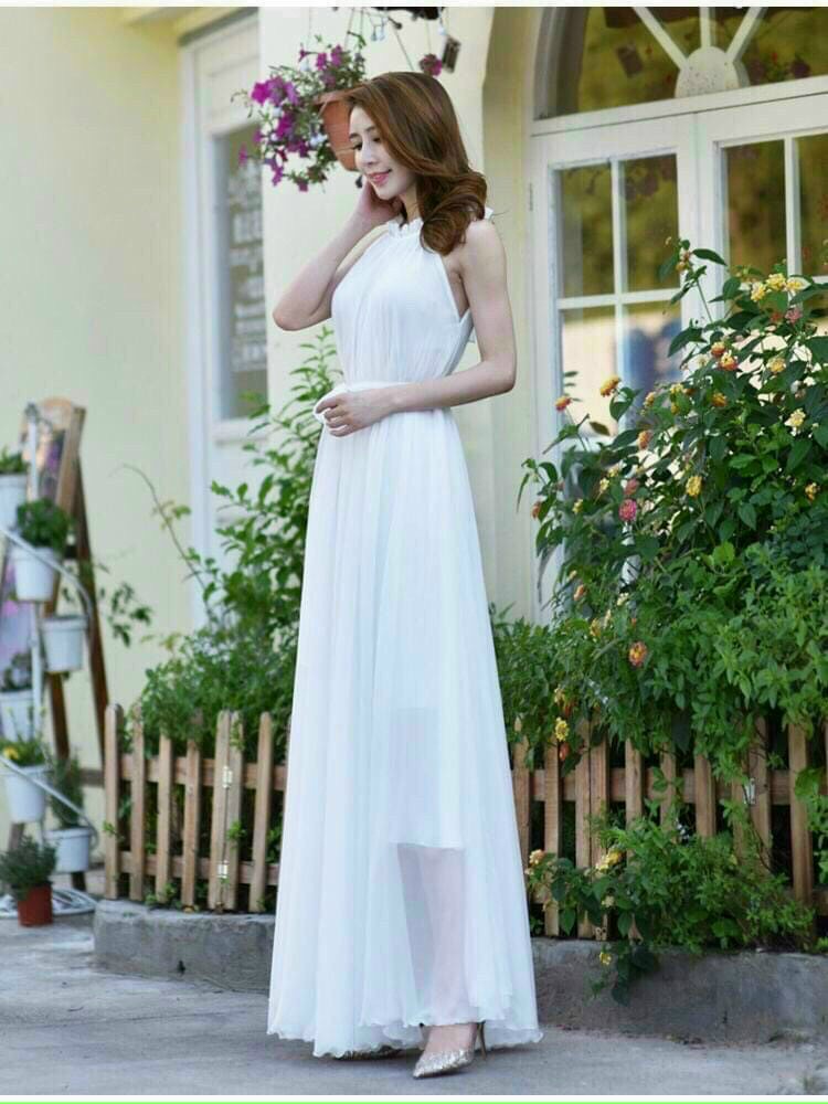 ĐẦM MAXI DÀI CỔ XẾP LY VOAN KÈM LÓT