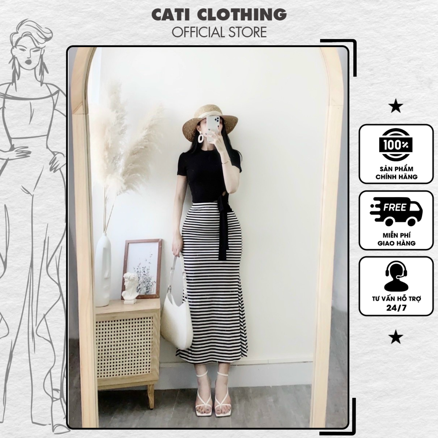 CATI Set bộ body thun chân váy kẻ (2113)