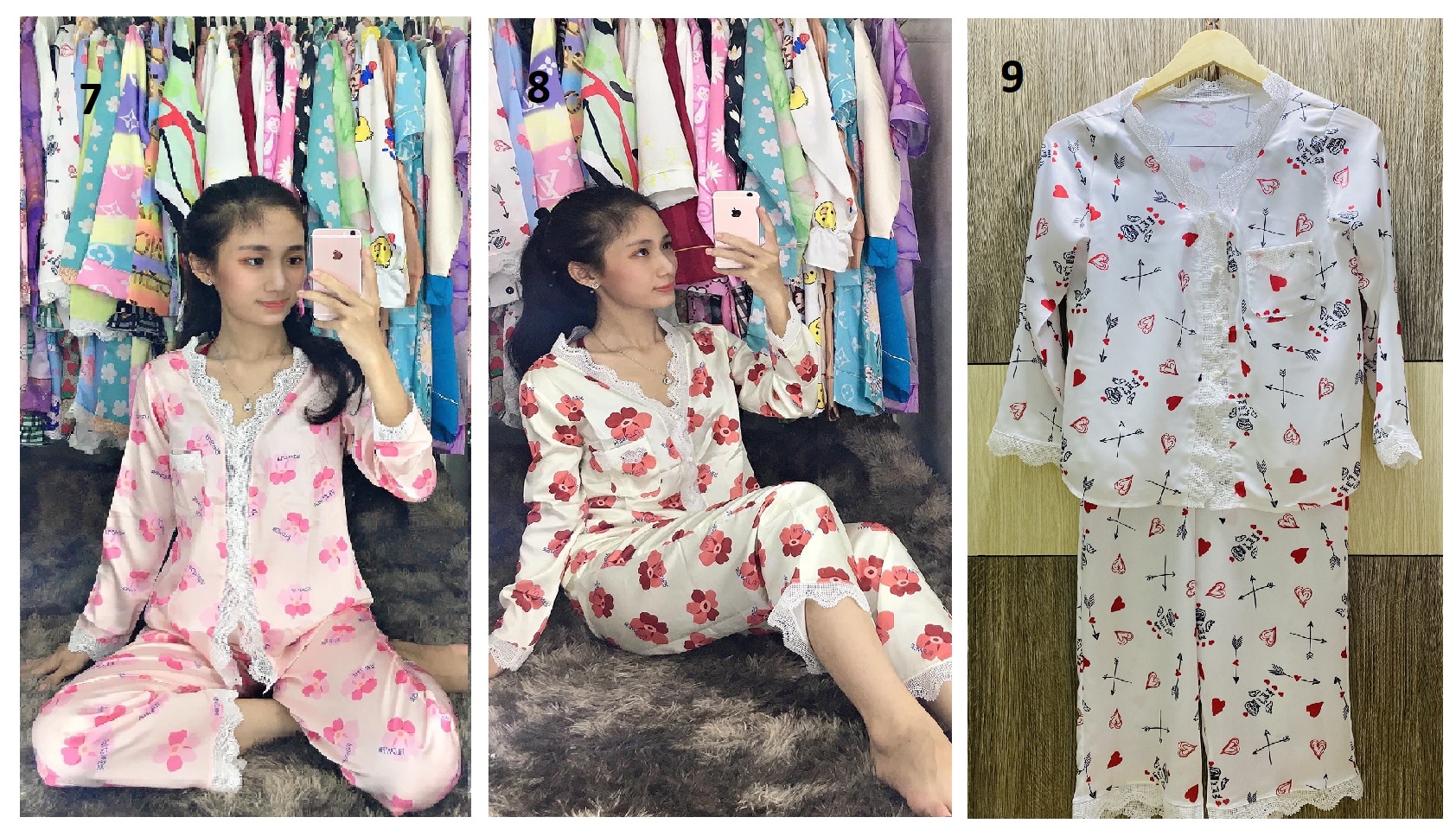 [HCM]Đồ Bộ Lụa Tơ Tằm Hoa Phối Ren
