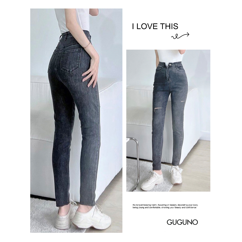 Quần jeans nữ skinny dáng ôm lưng siêu cao trơn basic GUGUNO