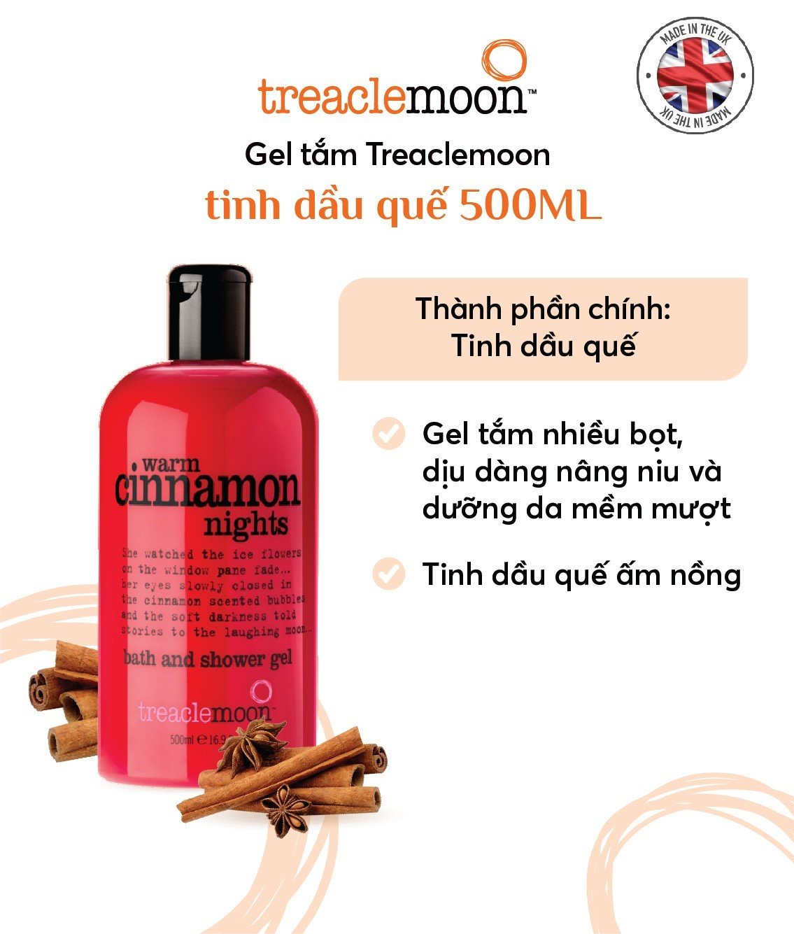 [ MUA 1 TẶNG 1 ] Gel tắm Treaclemoon tinh dầu Quế 500ML