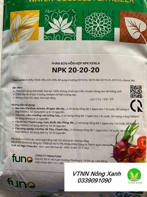 NPK 20-20-20 + TE (TÚI 5 KG) - TAN HOÀN TOÀN - DÙNG CHO HỆ THỐNG TƯỚI NHỎ GIỌT VÀ PHUN LÁ - NHẬP KHẨU CHÂU ÂU 100%
