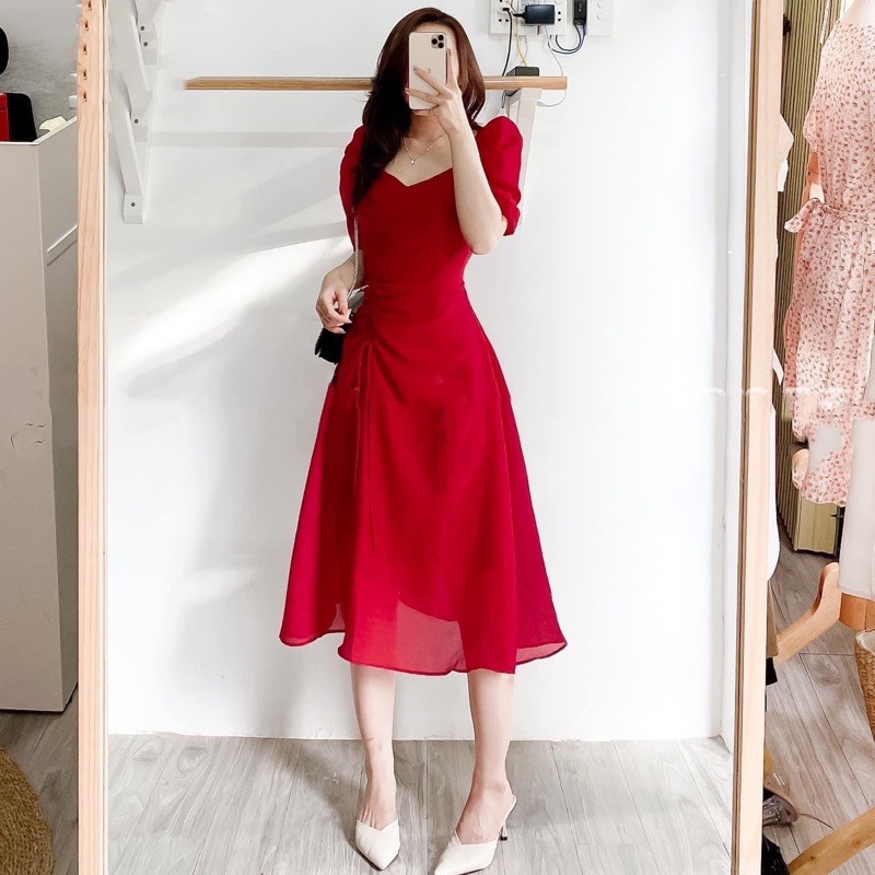 Đầm cổ V tùng rút dây 2 màu