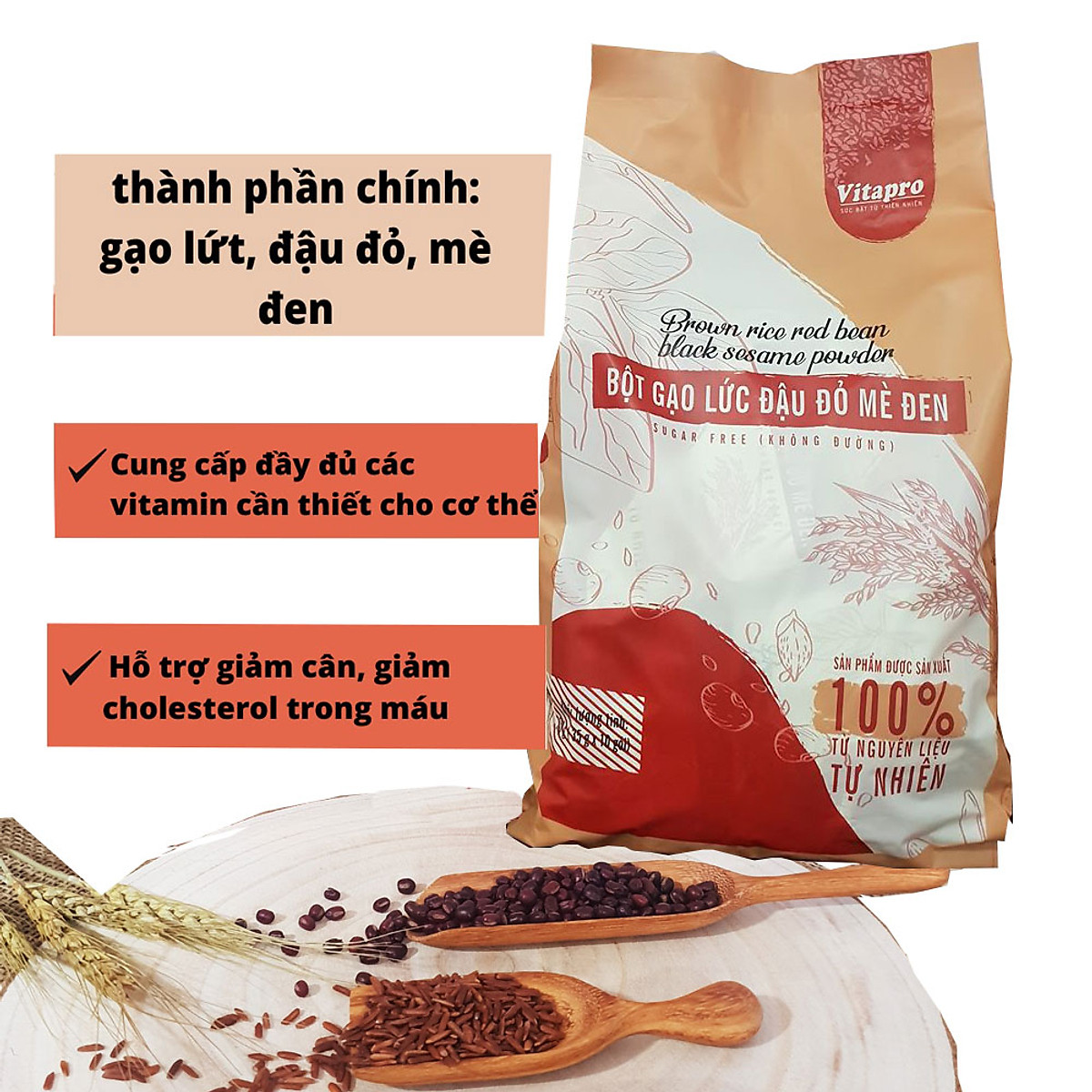 BỘT GẠO LỨT ĐẬU ĐỎ MÈ ĐEN  VITAPRO 350G( 10 GÓI x 35GR) KHÔNG ĐƯỜNG  - 20686