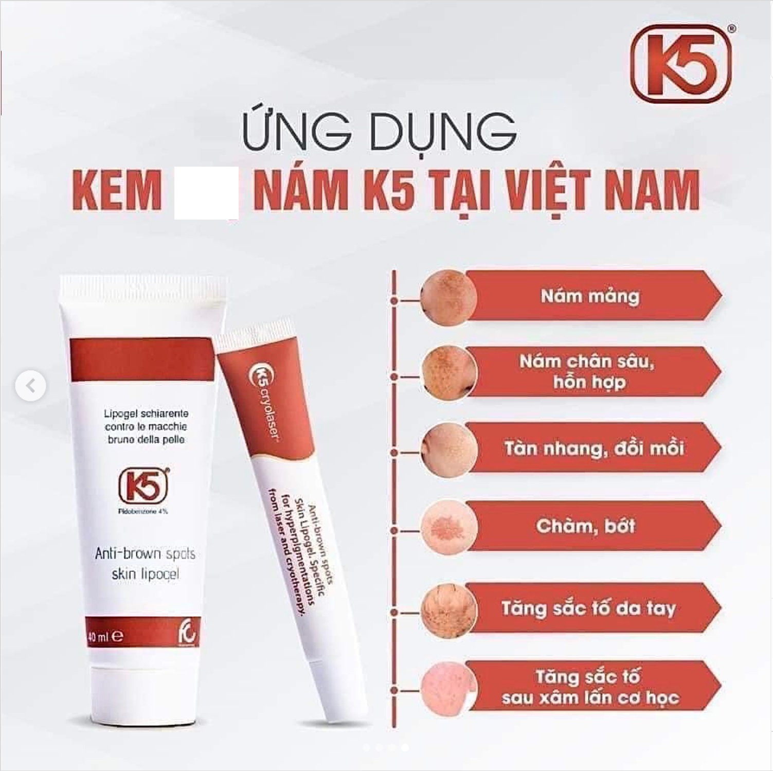 HÀNG NHẬP KHẨU - Kem Giảm Nám K5 Lipogel/K5 Cryolaser, Giảm Sạm, Tàn Nhang, Nám Mảng, Nám Chân Sâu, Nám Sau Sinh, Ngăn Tăng Sắc Tố Nám Sau Laser - Hoạt Chất Độc Quyền Pidobenzone - DuocmyphamDrAn