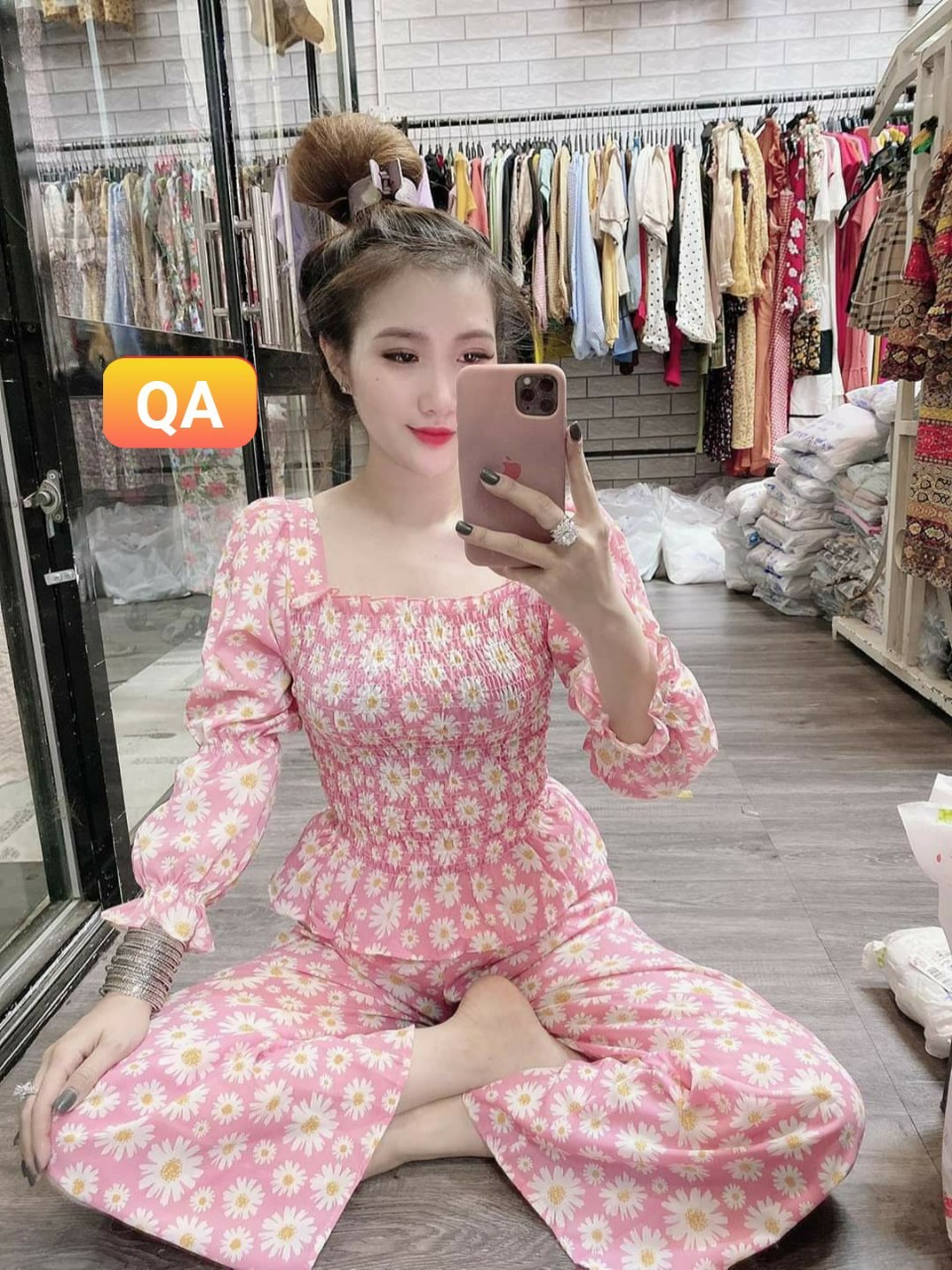 Sét bộ lụa hoa tay phồng quần có túi-QH