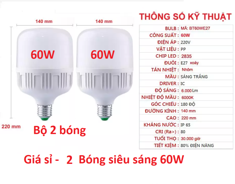 Bộ 2 Bóng đèn LED 60W siêu sáng siêu tiết kiệm điện (Trắng)