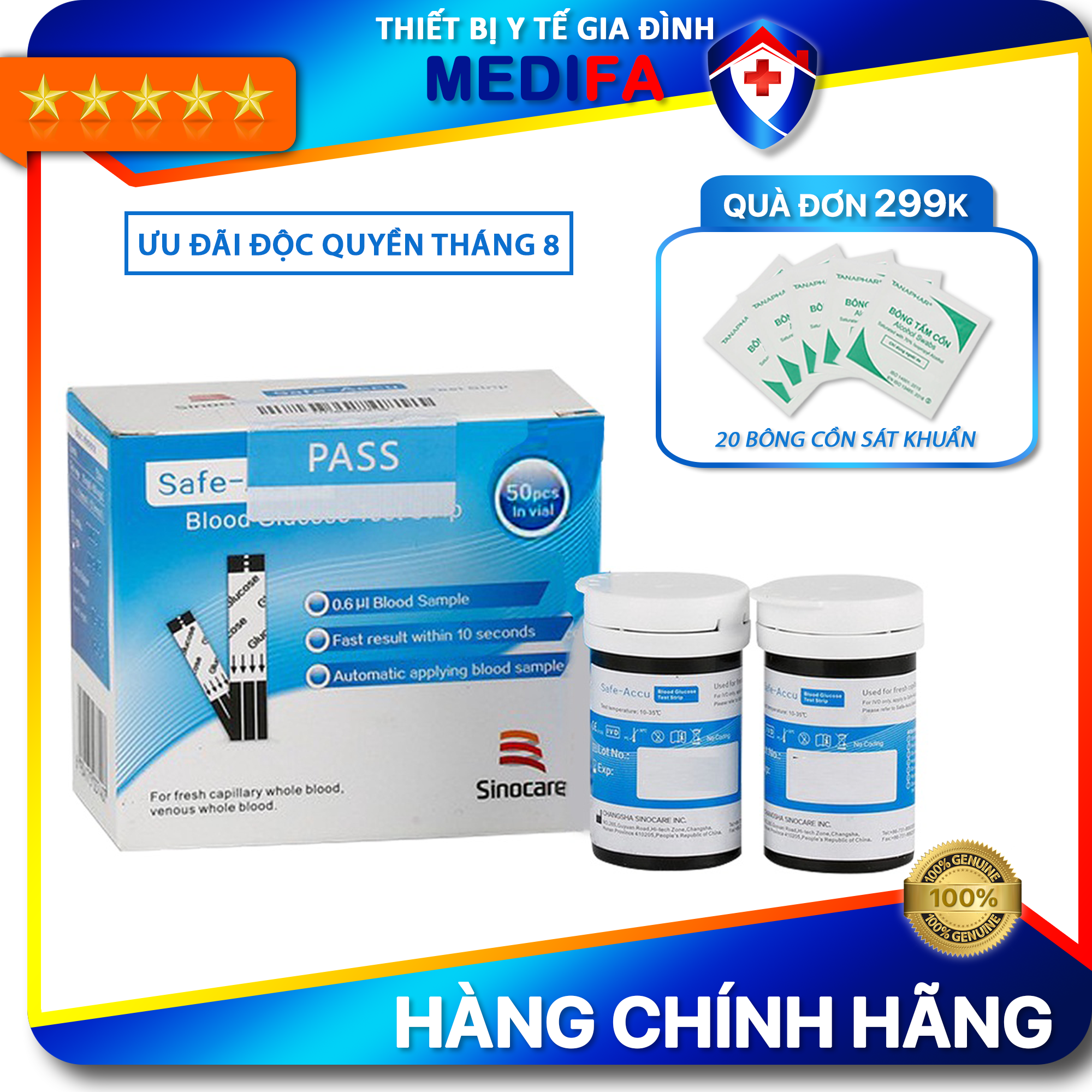 Hộp 50 Que Thử Đường Huyết Sinocare Safe-Accu Hàng Chính Hãng, Date Xa, Gồm 2 Lọ 25 Que Rời