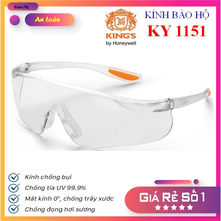 Kính bảo hộ thời trang Kings KY1151 trong suốt, chống đọng sương, chống bụi bảo vệ mắt