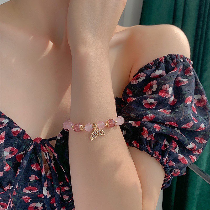 Vòng Tay Chuỗi Hạt Pha Lê Hồng Hình Đuôi Cá Cho Nữ