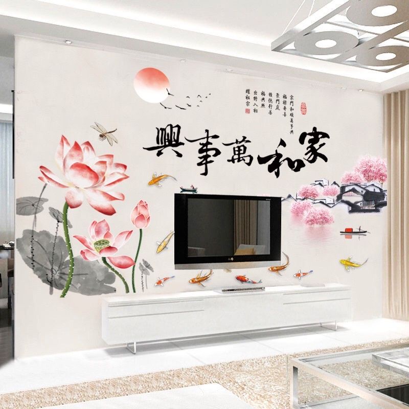 Decal dán tường hoa sen hồng và cá chép dưới trăng