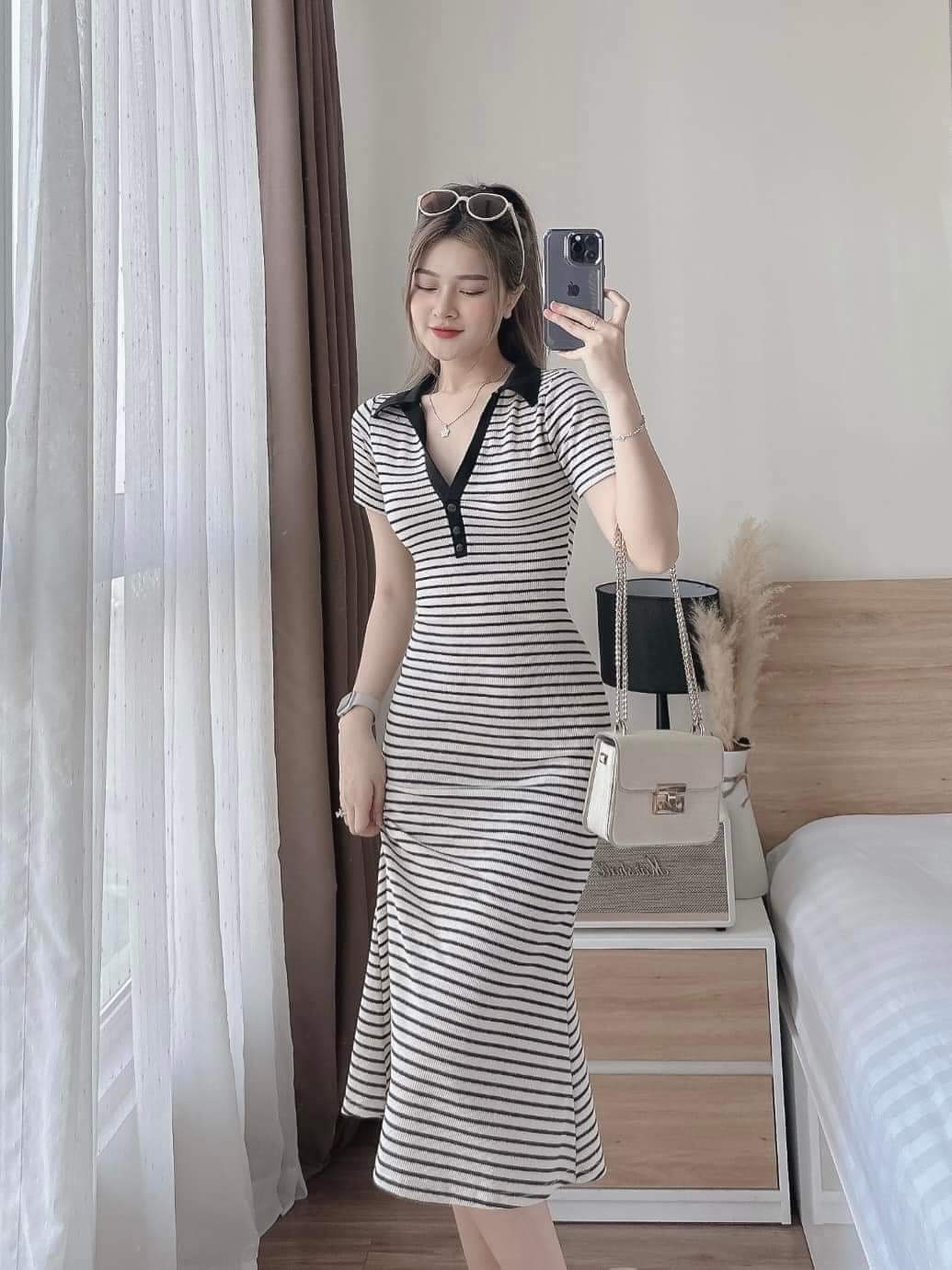 Váy đầm yếm maxi tay lỡ kẻ ngang ôm body dáng dài polo cổ V đức chất cotton  co dãn | Shopee Việt Nam