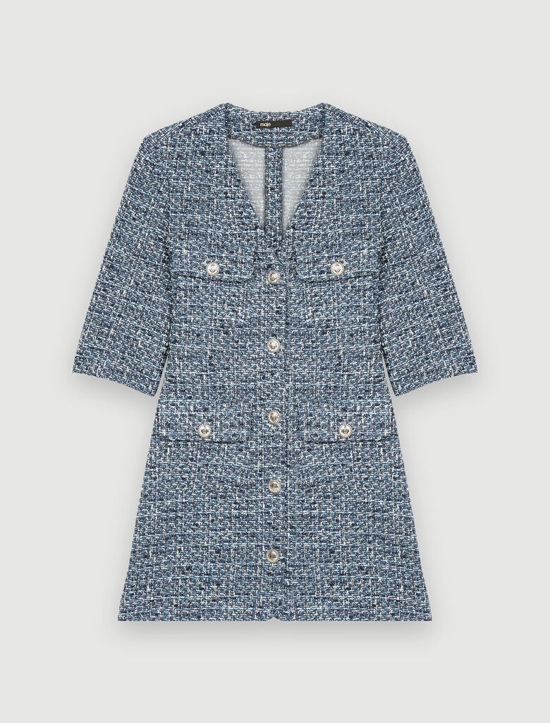 ĐẦM HIỆU SANDRO NGẮN DẠ TWEED XANH