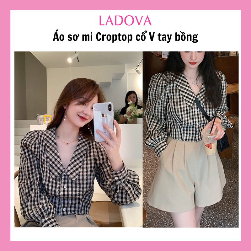 Áo sơ mi nữ croptop cổ bẻ dài tay bồng kẻ caro dáng ngắn lửng chất thô mềm màu đen phong cách hàn quốc trẻ trung ASM11