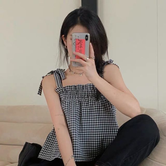 Áo caro cột nơ vai siêu xinh