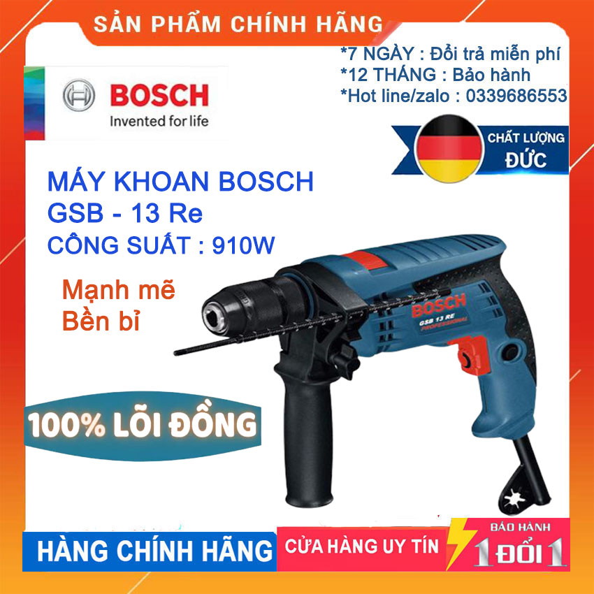 [HCM][ BÃO SALE  -- SALE SẬP SÀN ] MÁY KHOAN BOSSCH GSB 13RE  CÔNG SUẤT 910W HÀNG CHÍNH HÃNG CAO CẤP CÓ HỘP ĐỰNG CHẮC CHẮN .   Khoan các bề mặt cứng như tường bê tông đồ nội thất đồ gỗ... Dễ dàng. Bảo hành TOÀN QUỐC