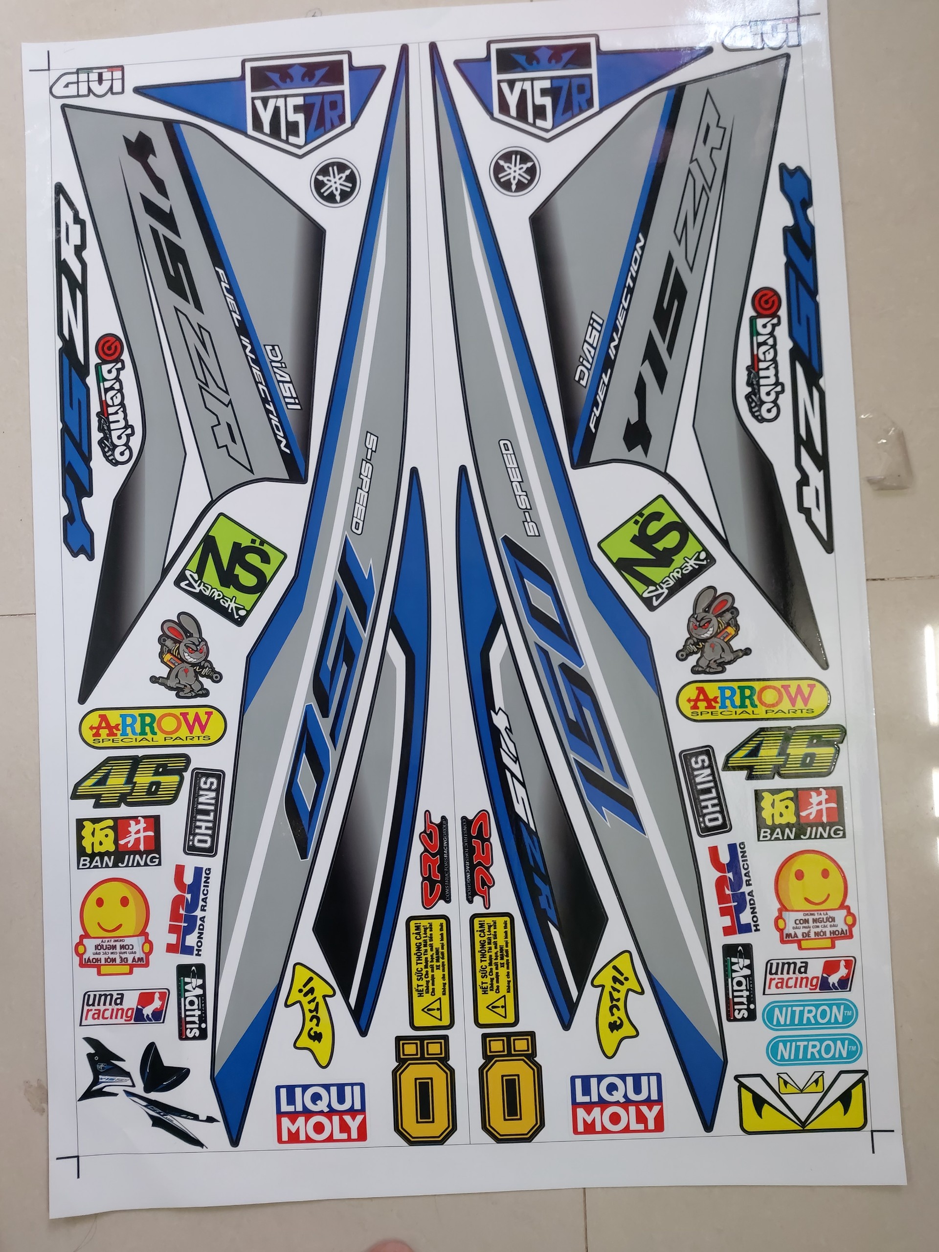 Tem xe exciter 150 y15zr xanh xám dán xe đen