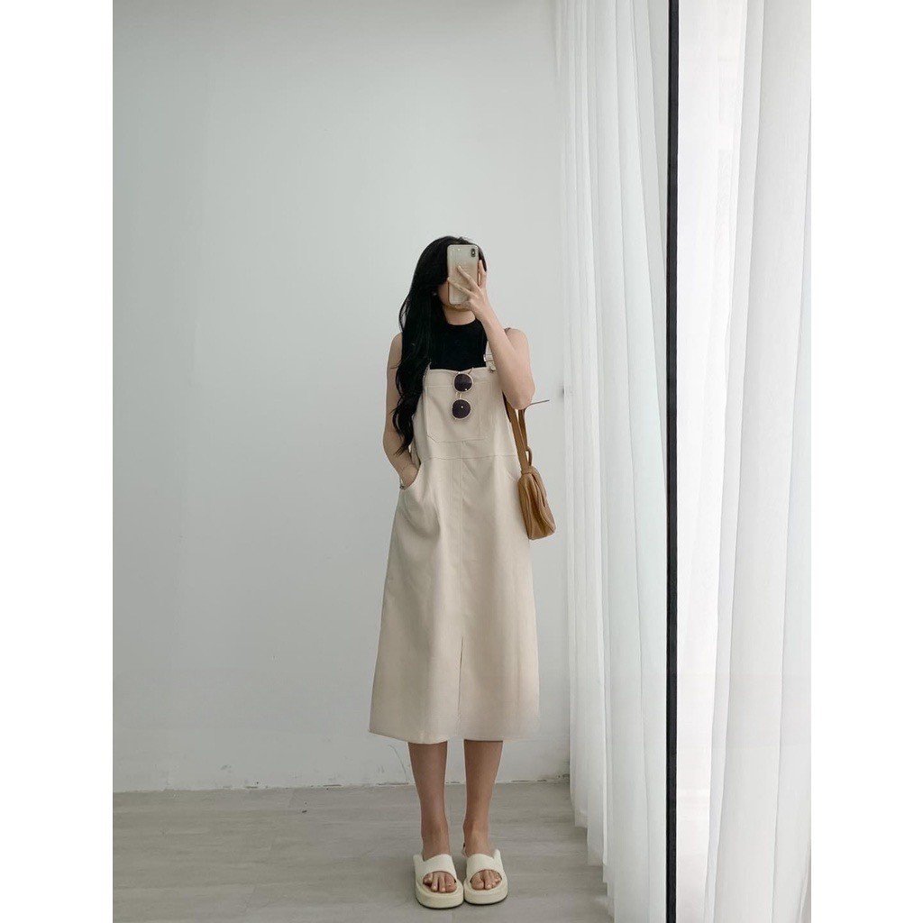 Váy yếm kaki dáng suông dài MORAN Hàn Quốc - Có ảnh thật - Quần yếm |  ThờiTrangNữ.vn