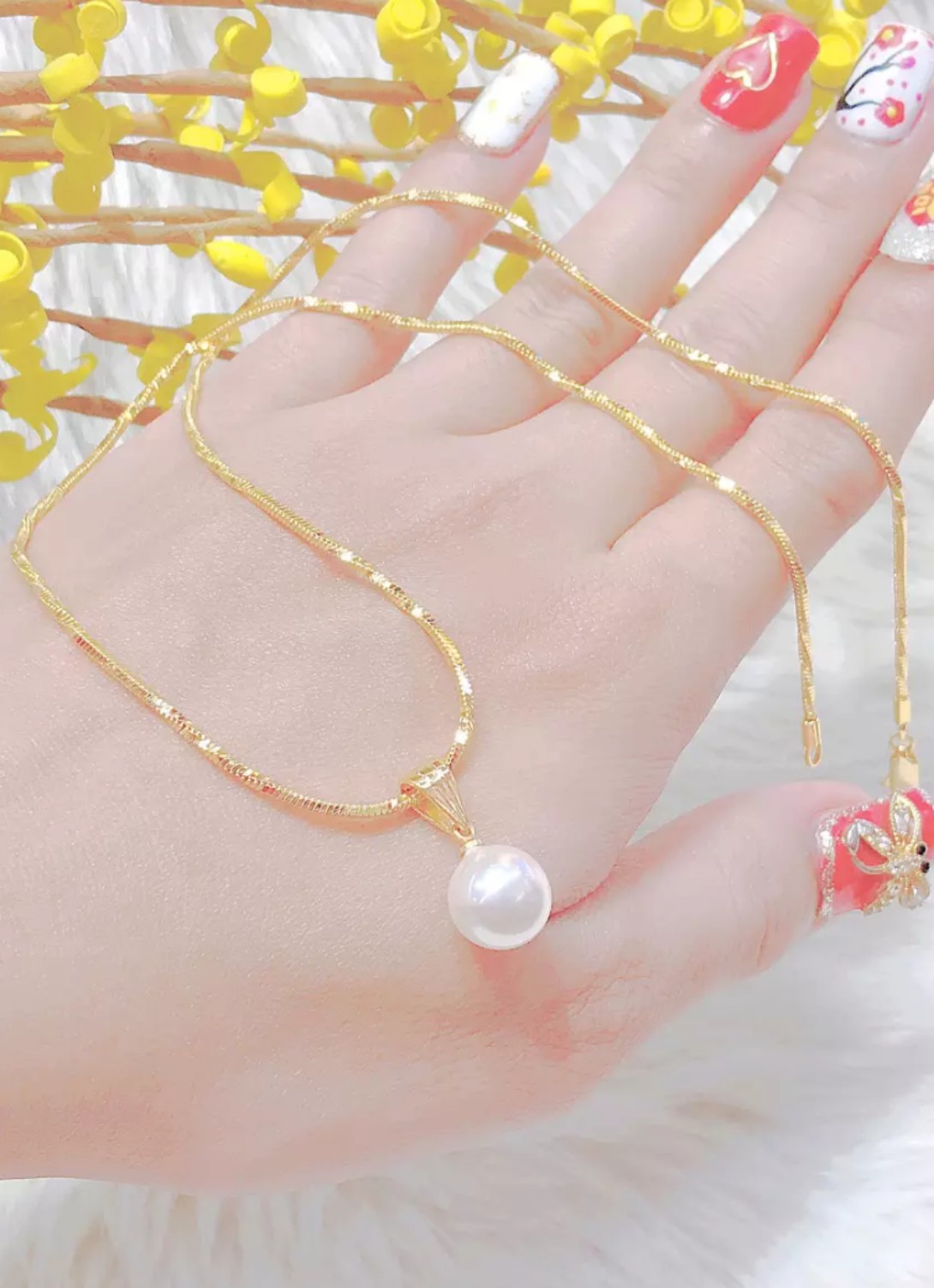 Dây Chuyền Nữ Hạt Trân Châu ( Cả Dây Và Mặt) - Sáng Như Vàng Thật  - D1609520 - ( Cam Kết Không Đen, Không Ngứa, Chất Liệu Bạc Pha Hợp Kim Cao Cấp ) - dây chuyền vàng nữ, dây chuyền nữ, dây chuyền vàng nữ, mẫu dây chuyền