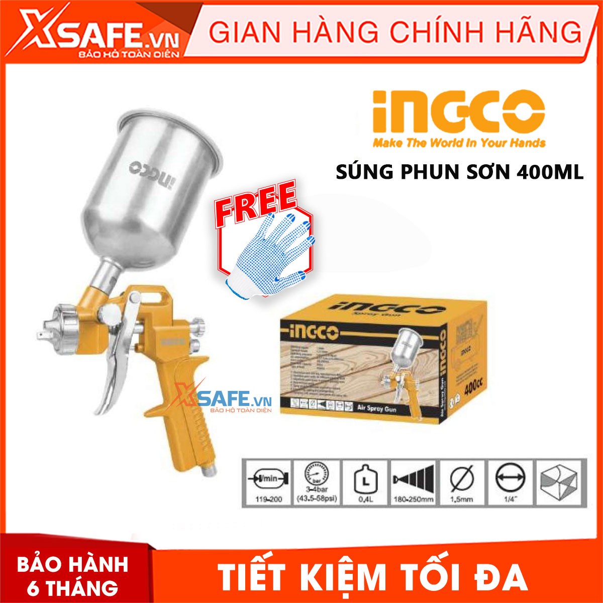 Súng phun sơn khí nén INGCO ASG4041, ASG4042 có chỉnh gió 400cc bình phun sơn cầm tay 400ml siêu bền phun sơn bằng khí nén, sơn xe máy, ô tô, gỗ, nhà cửa, công nghiệp -   XTOOLs[CHÍNH HÃNG][XSAFE]