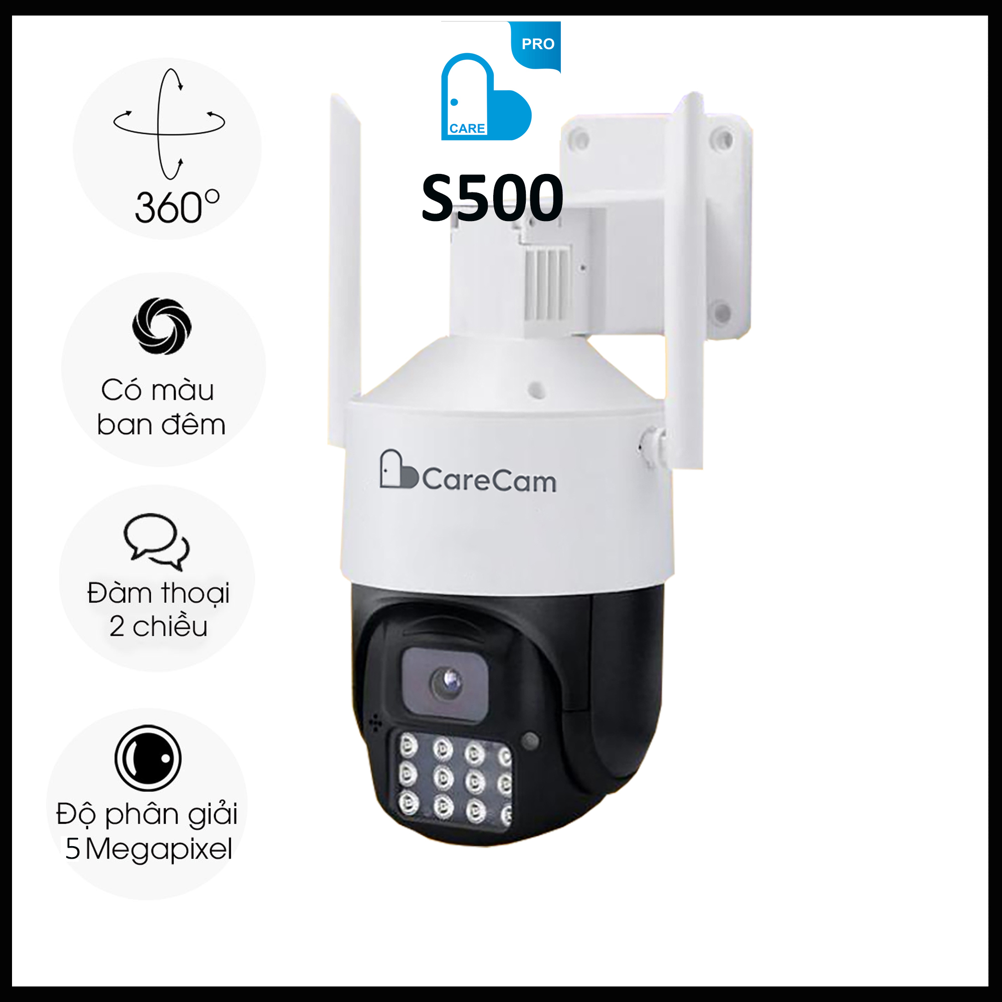 Camera CARECAM S500 Xoay 360 Độ Full HD 5.0MP 1080p- Đàm Thoại 2 Chiều- Ban Đêm Có Màu- Báo Động Chống Trộm- Wifi Không Dây Ngoài Trời BAO SỈ | Lazada.vn