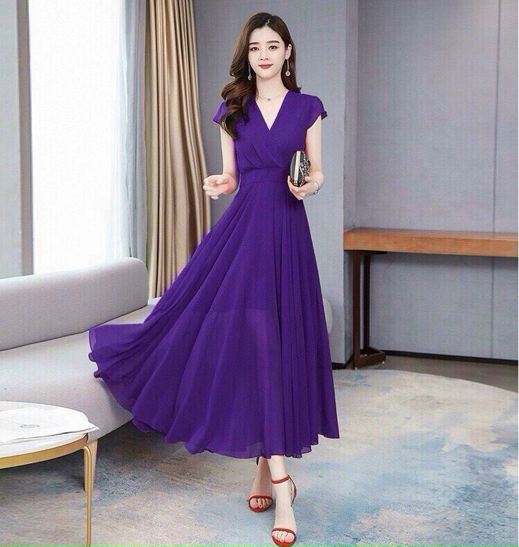 đầm maxi cổ v tay con chất vải chifon