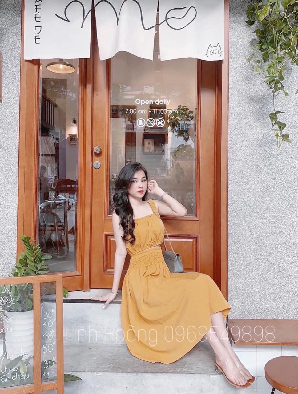 [HCM]Set áo crop bo eo chân váy maxi