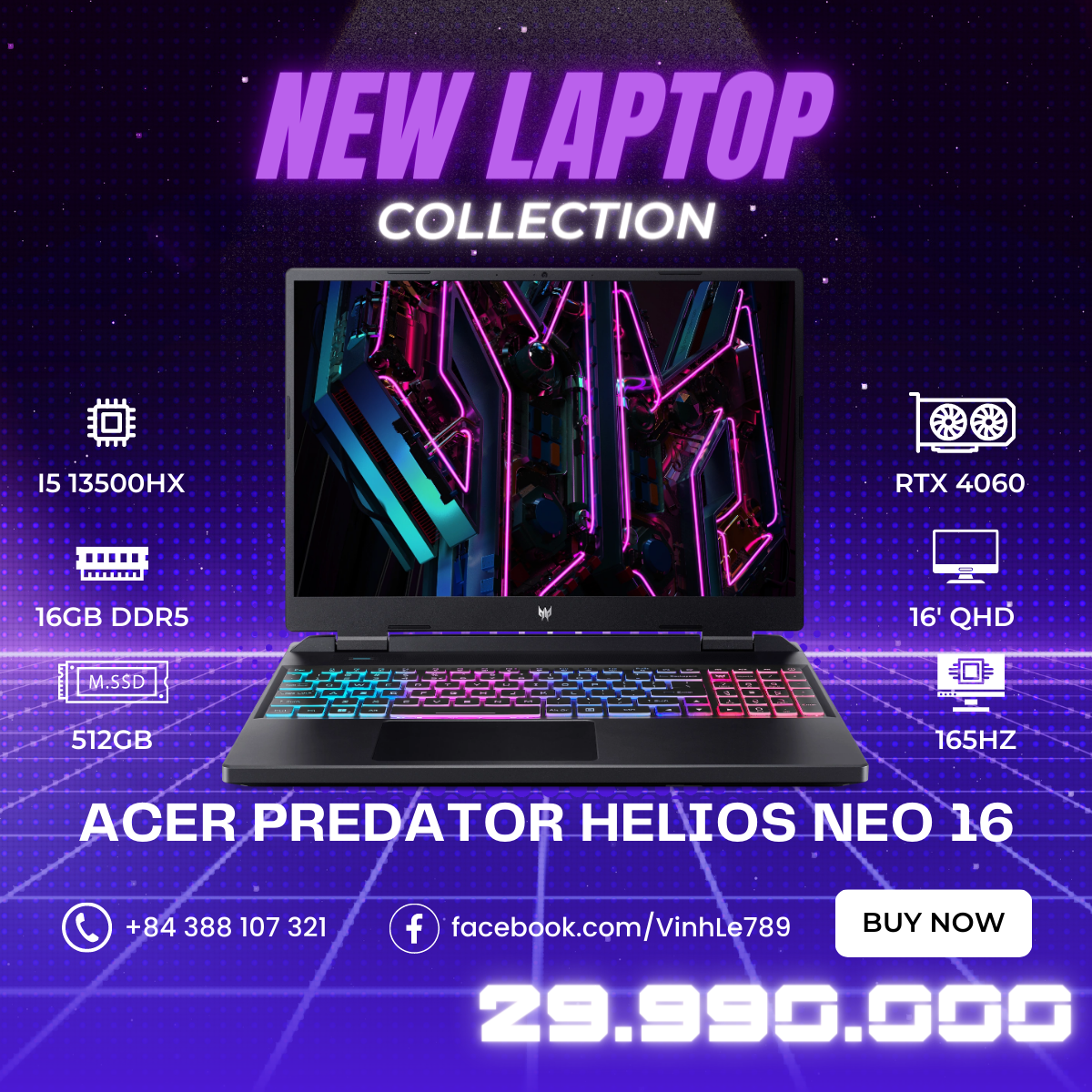 Laptop Acer Predator Helios Neo 16 PHN16-71-54CD i5-13500HX RTX 4060 Ram