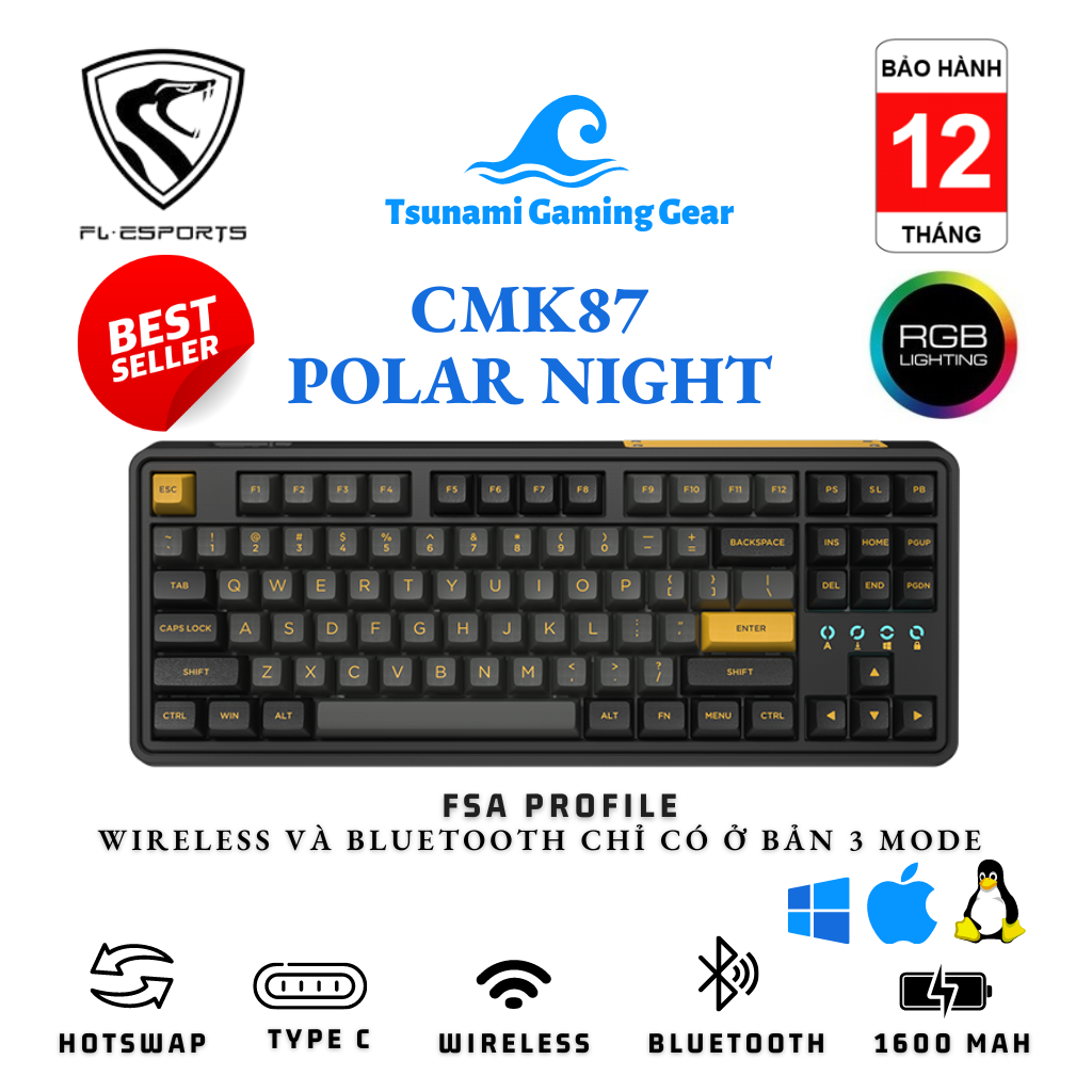 Bàn phím cơ/ Bộ kit phím cơ FL-Esports CMK87 Polar Night Black RGB/ Hotswap chính hãng BH 12 tháng