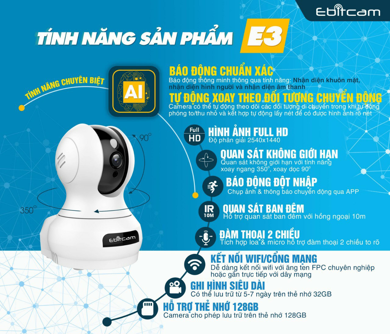 Camera Ip Wifi EbitCam E3 HD 4MP - Hàng Chính Hãng