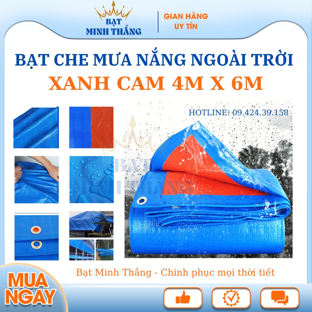 Bạt xanh cam che nắng mưa ngoài trời có khuyết tròn, may viền , chống nước tốt dễ lau chùi - Ngang 4m dài 6m - Bạt Thắng Minh