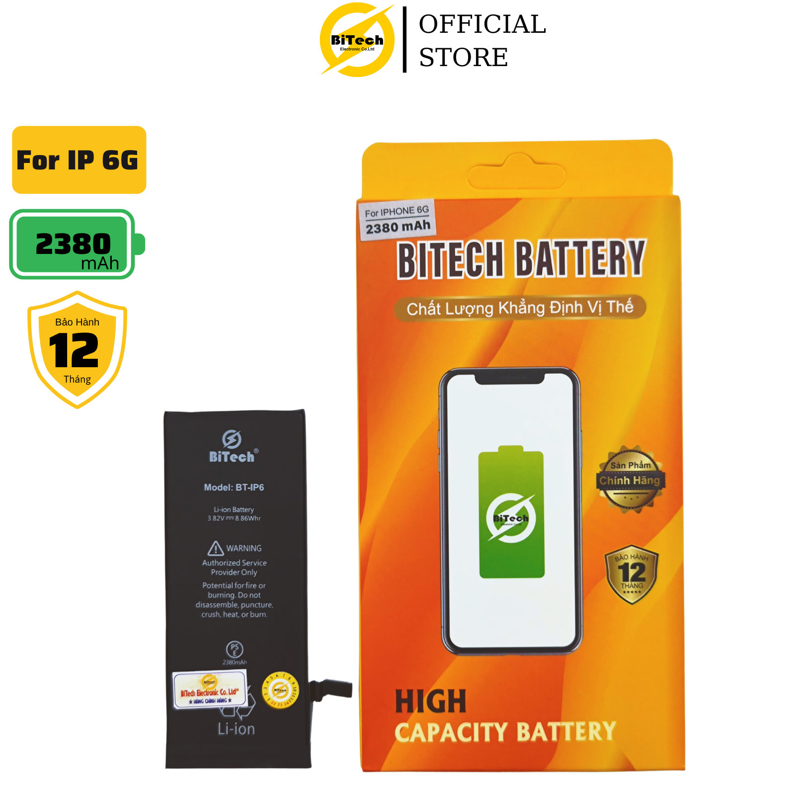 Pin điện thoại dung lượng cao BITECH BT-6G ( dung lượng 2380 mAh )(Tặng bộ vít mở + Seal dán pin)
