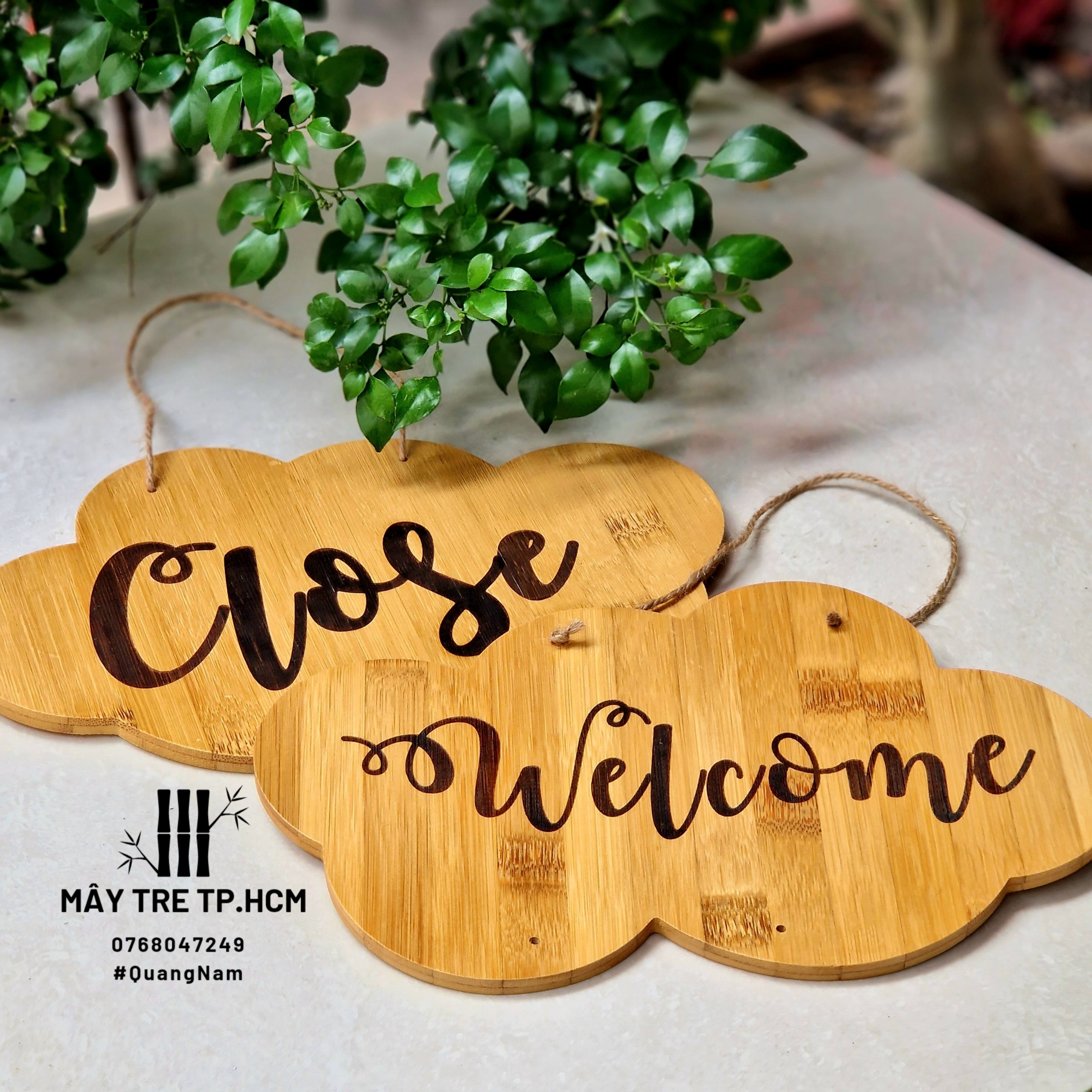 Bảng gỗ treo cửa hai mặt Open/Close & Welcom/Goodbye