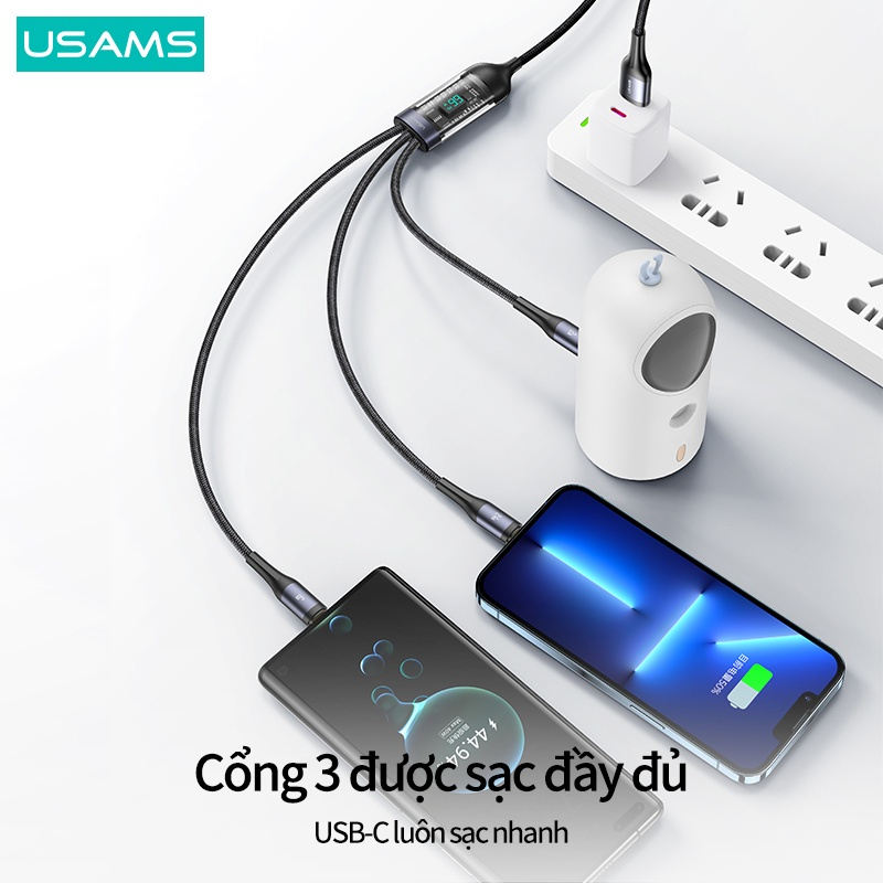 Dây Cáp Sạc Nhanh USAMS PD 100W 3 Trong 1 (Lightning+Type-C+Micro USB)