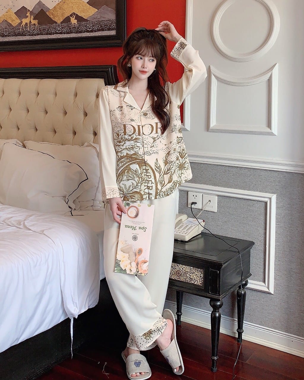 Đồ Bộ Lụa Satin Cao Cấp Dài Họa tiết Siu Sang   - Mẫu mặc sp thật