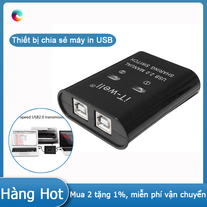 IT-Well USB Printer Sharing Device, 2 in 1 Out Printer Sharing Device, 2-Port Manual Kvm Switching Splitter Hub Converter