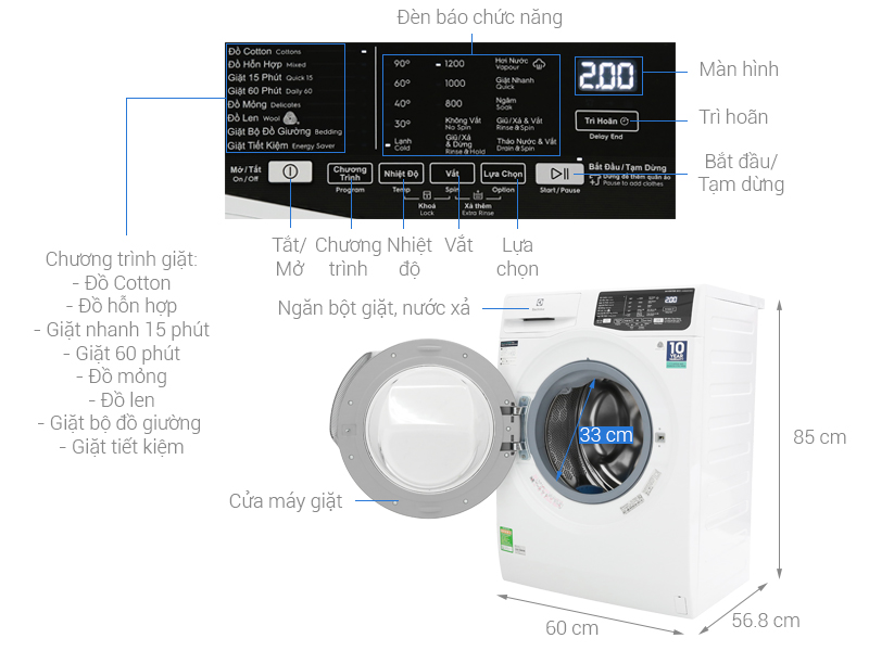 [Trả góp 0%]Máy giặt Electrolux 8kg lồng ngang EWF8025EQWA