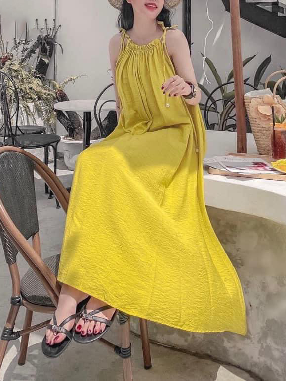 Đầm maxi cổ yếm buộc nơ