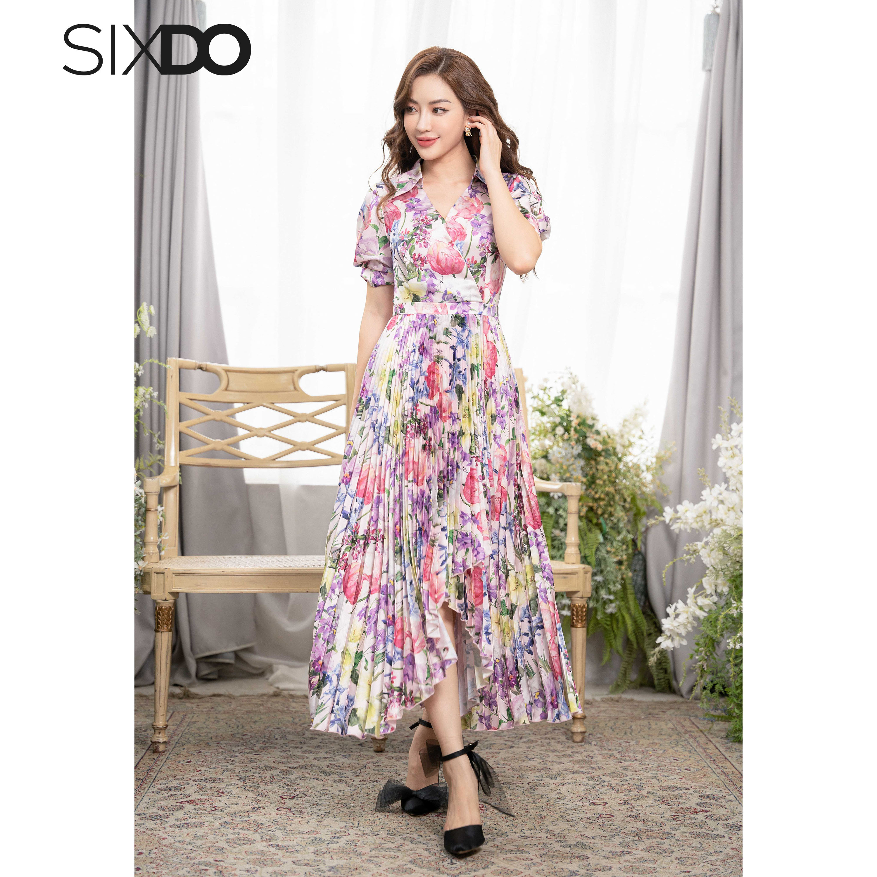 Đầm lụa hoa xếp ly tay phồng SIXDO