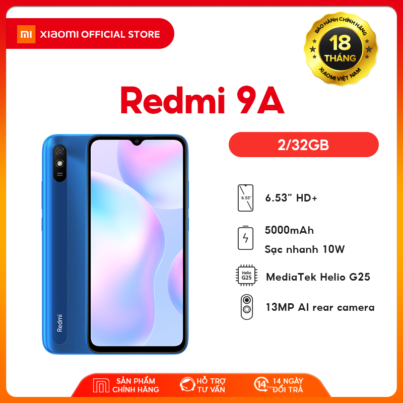 [XIAOMI OFFICIAL] Điện thoại Xiaomi Redmi 9A 2GB/32GB - Chip MediaTek Helio G25 8 nhân (12 nm), Màn hình 6.53 HD+, Camera 13MP, Pin 5000 mAh, Cảm biến nhận diện khuôn mặt - BH Chính hãng 18 tháng