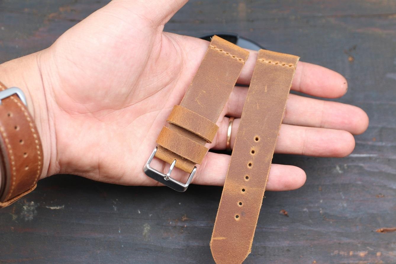 [HCM]Dây đồng hồ da bò sáp - Nâu vàng handmade