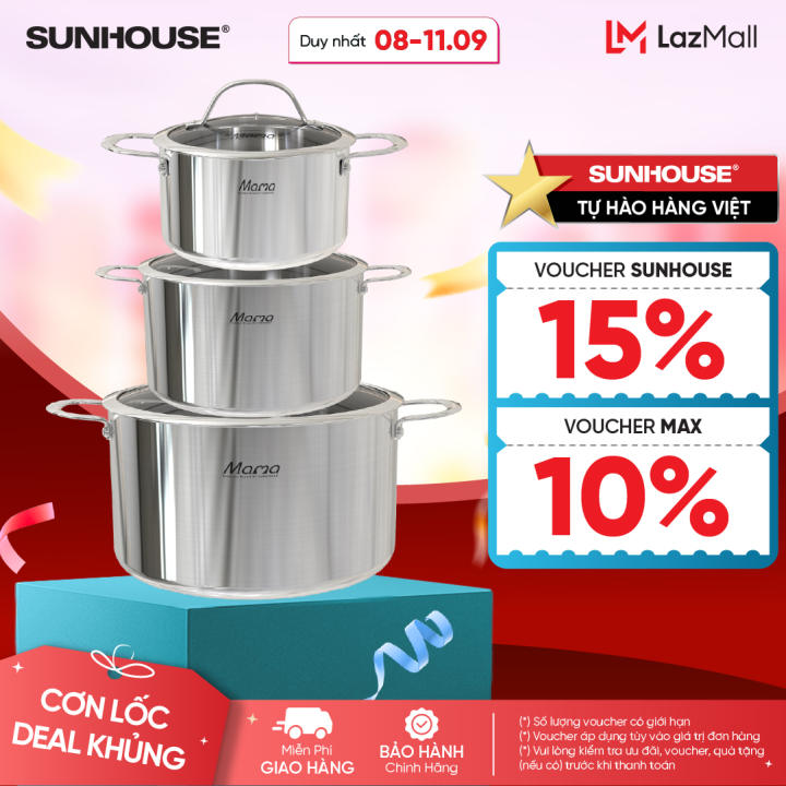 Bộ nồi inox đáy liền nguyên khối SUNHOUSE MAMA SHG701 - Dùng được với mọi loại bếp - Đường kính 16cm - 20cm - 24cm - Sản xuất tại Việt Nam - Hình ảnh 2