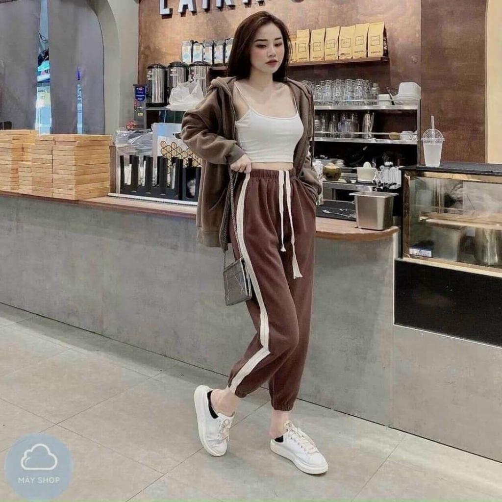 Quần Jogger Nữ Nỉ Tăm Phối Sọc Siêu Ấm