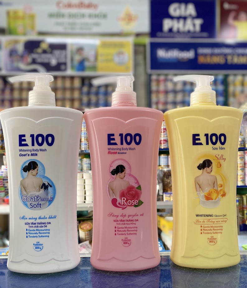 Sữa tắm trắng da E100 chai 800ml Goat's milk, Rose, Silky