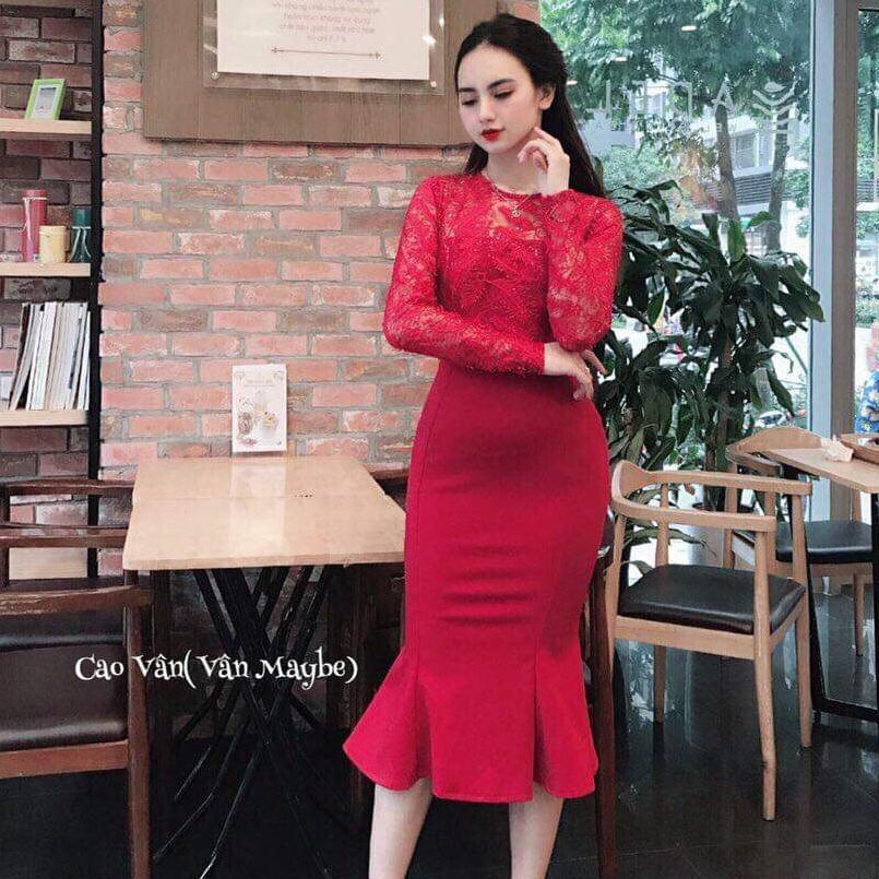 Đầm body ren lông vũ đuôi cá