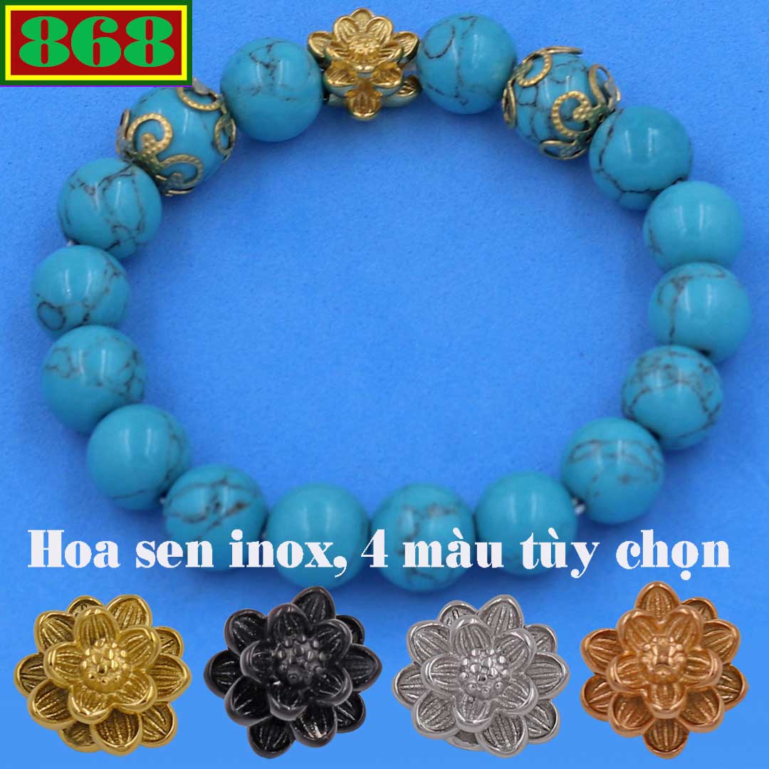 Vòng chuỗi đeo tay đá thiên hà charm hoa sen inox và 4 khía bông, vòng tay chuỗi hạt, vòng tay phong thủy, charm bông sen