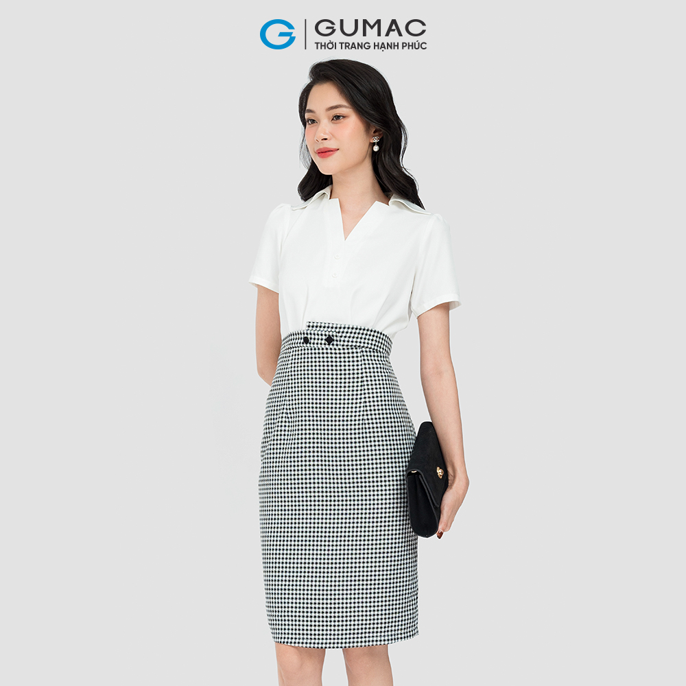 Đầm dáng A công sở GUMAC DD08025 cổ sơ mi, eo kiểu đính nút
